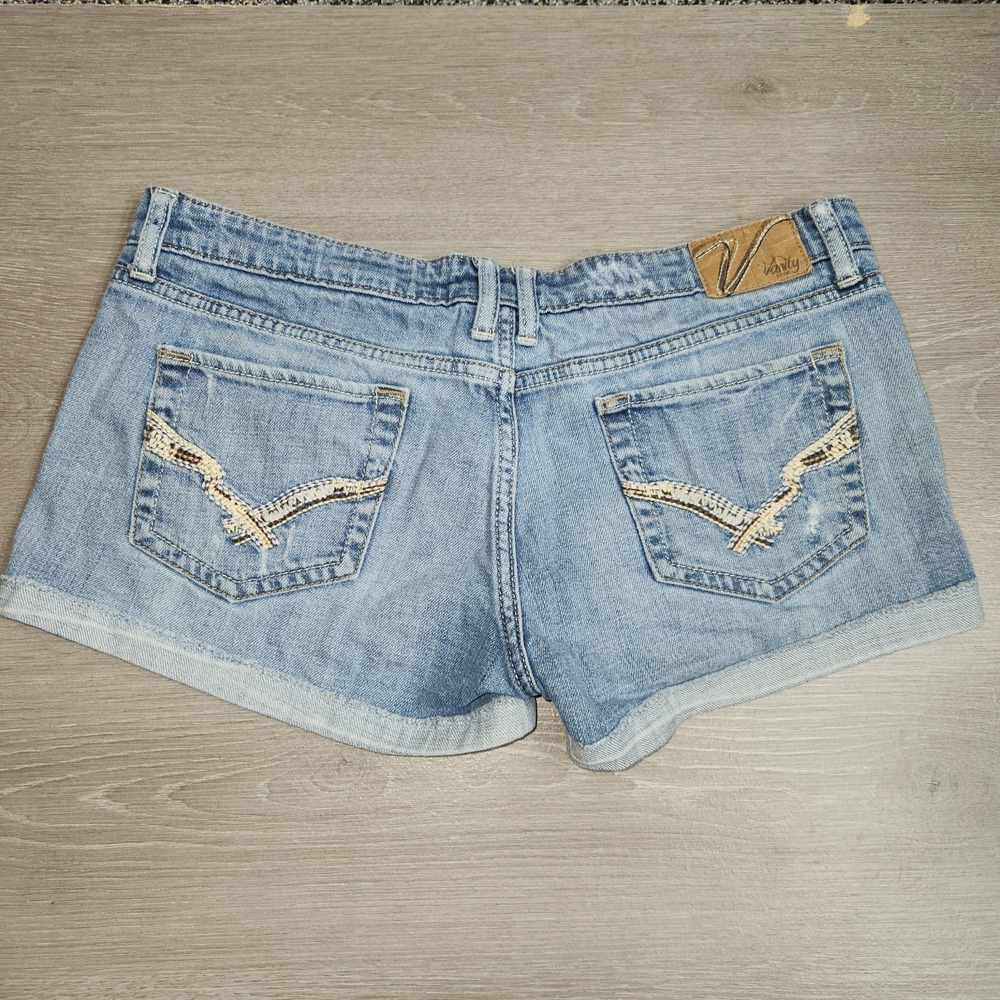 Y2K Micro Mini Booty Low Rise Vanity Jean Short Destressed Preppy Mallcore Sz 32